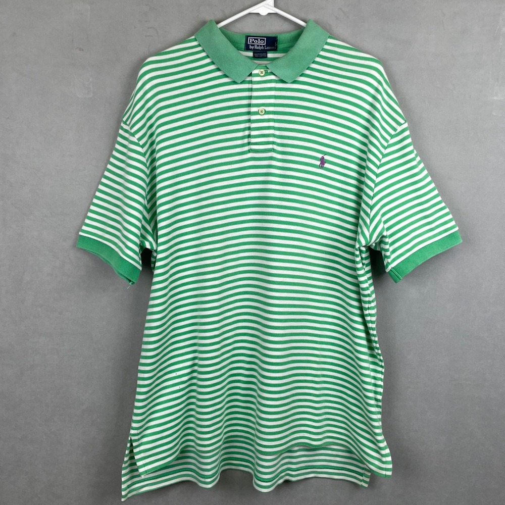 VTG 90s Polo Ralph Lauren L Green White Striped Short‎ Sleeve Cotton Polo Shirt